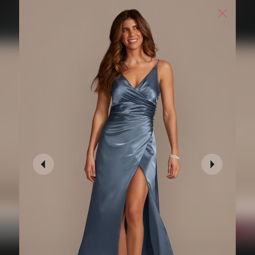 Satin V-Neck Ruched Evening Gown in Steel Blue
